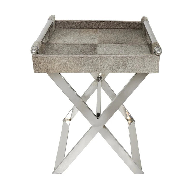 Tavolino d'appoggio laterale con vassoio in pelle e gambe e maniglie diagonali argentate - Grigio