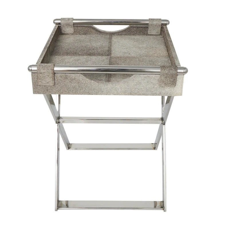 Tavolino d'appoggio laterale con vassoio in pelle e gambe e maniglie diagonali argentate - Grigio