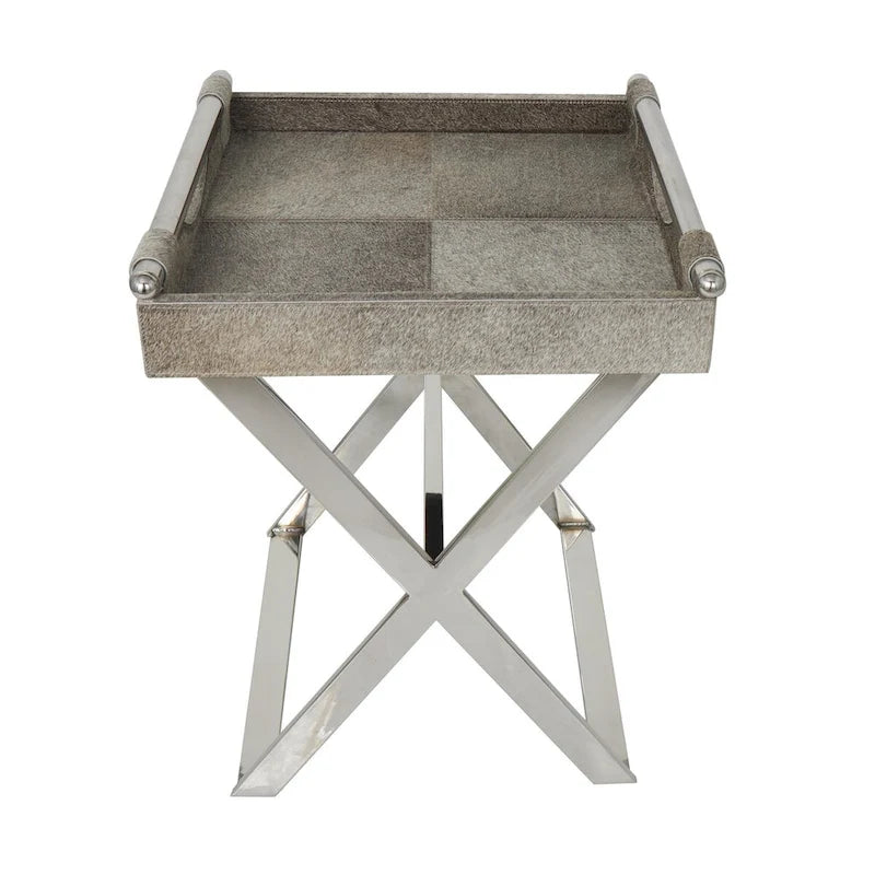 Tavolino d'appoggio laterale con vassoio in pelle e gambe e maniglie diagonali argentate - Grigio