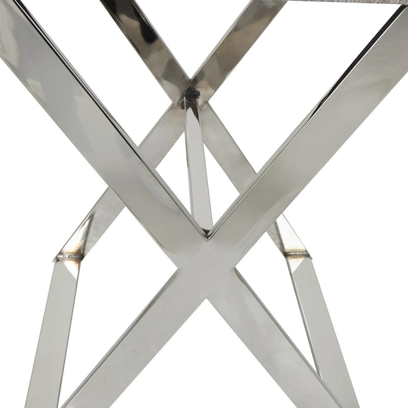 Tavolino d'appoggio laterale con vassoio in pelle e gambe e maniglie diagonali argentate - Grigio