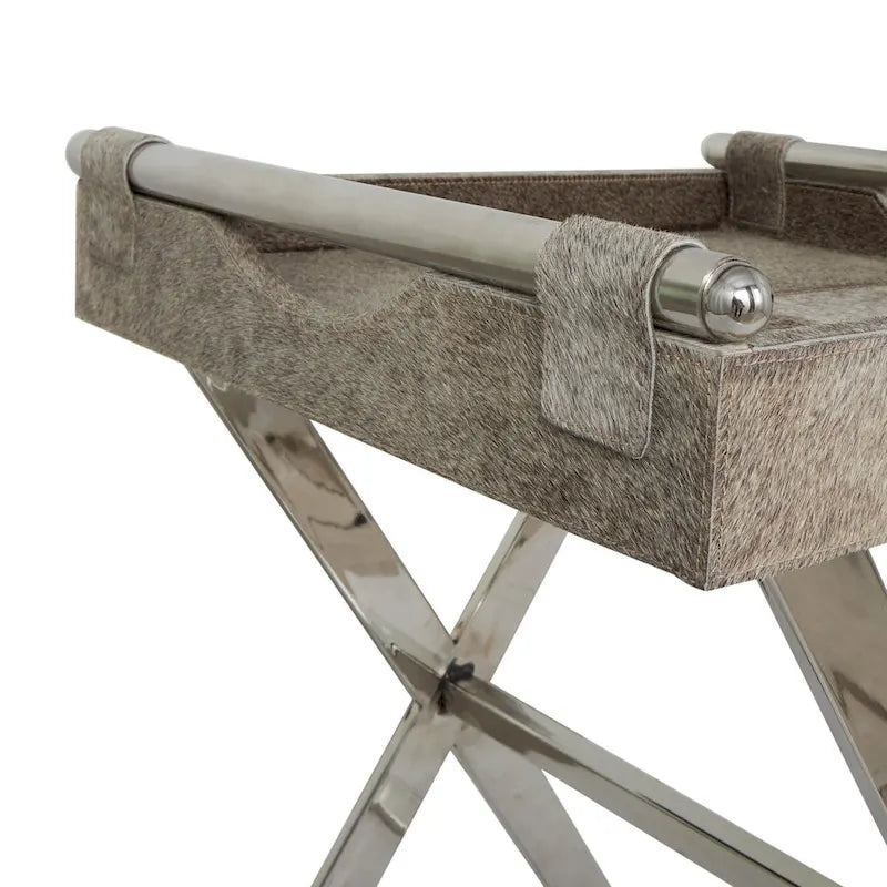 Tavolino d'appoggio laterale con vassoio in pelle e gambe e maniglie diagonali argentate - Grigio