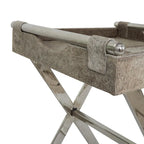 Tavolino d'appoggio laterale con vassoio in pelle e gambe e maniglie diagonali argentate - Grigio