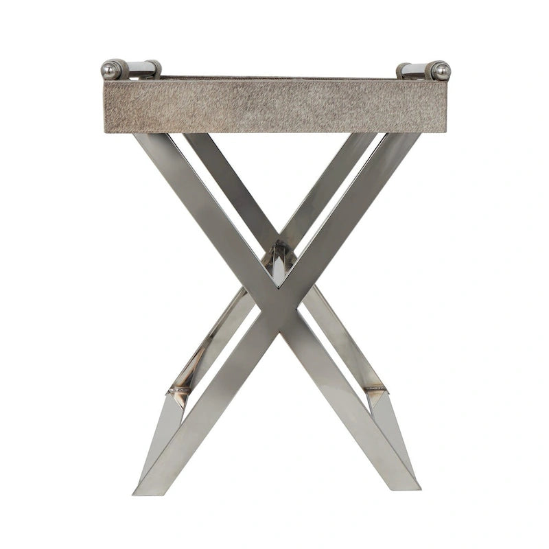 Tavolino d'appoggio laterale con vassoio in pelle e gambe e maniglie diagonali argentate - Grigio