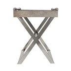 Tavolino d'appoggio laterale con vassoio in pelle e gambe e maniglie diagonali argentate - Grigio