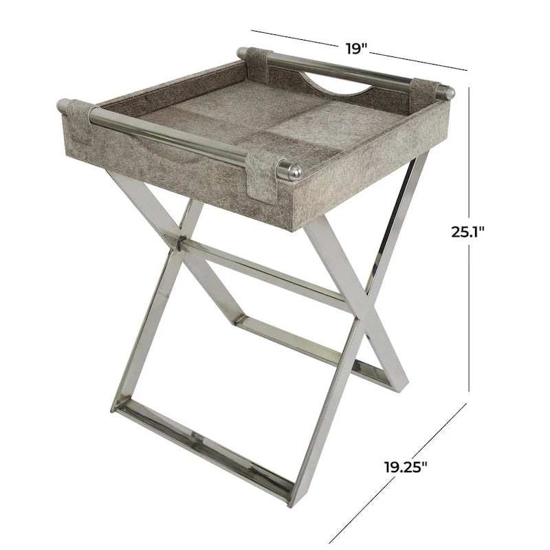 Tavolino d'appoggio laterale con vassoio in pelle e gambe e maniglie diagonali argentate - Grigio