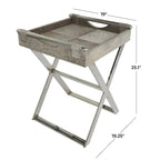 Tavolino d'appoggio laterale con vassoio in pelle e gambe e maniglie diagonali argentate - Grigio